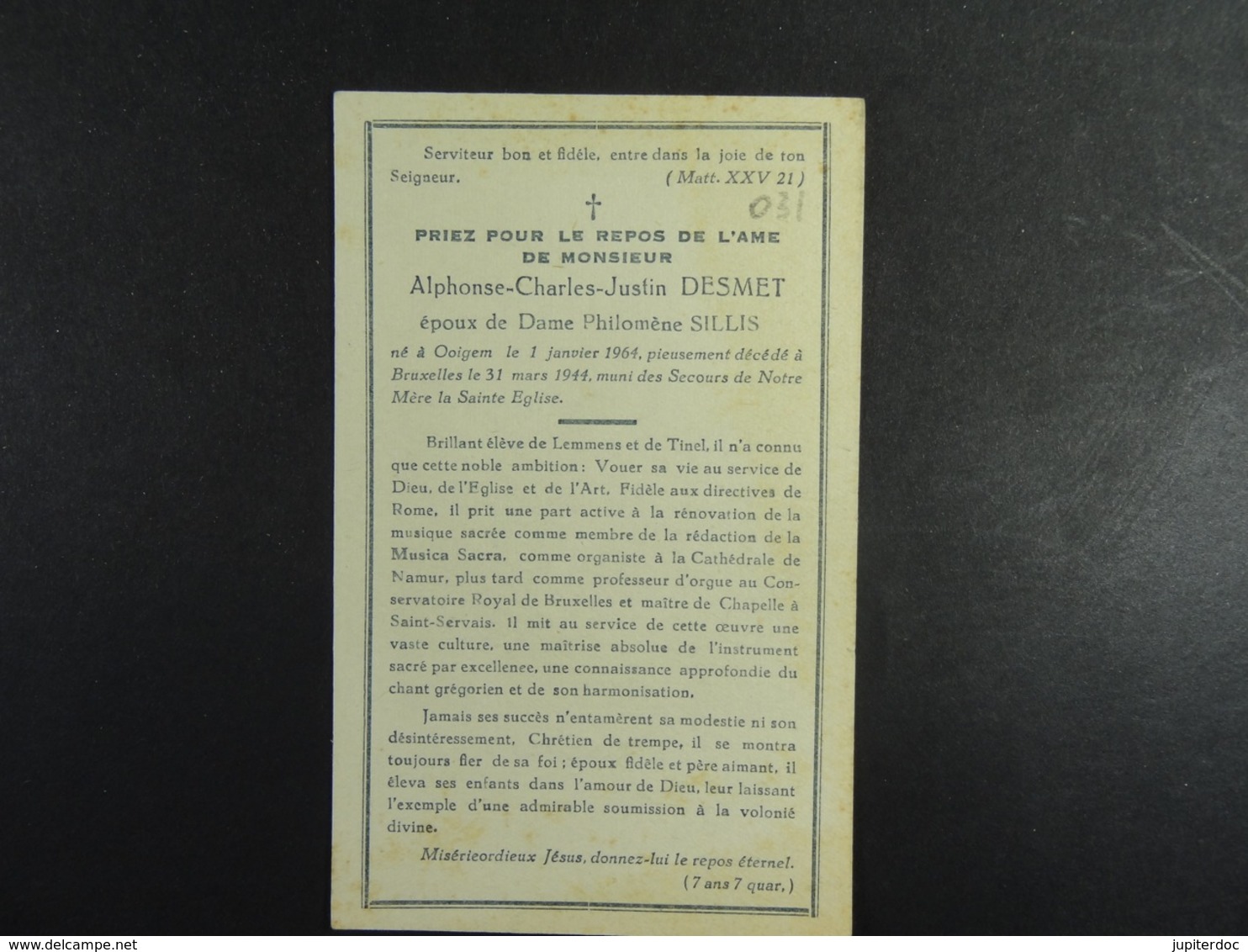 Alphonse Desmet épx Sillis Ooigem 1864 Bruxelles 1964 /031/ - Images Religieuses