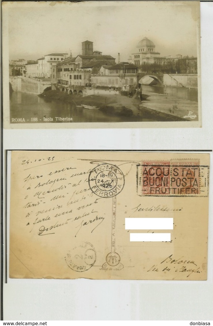 Roma: Isola Tiberina. Cart. Fp Vg 1925 (timbro Quartiere Postale, Targhetta Buoni Postali) - Fiume Tevere