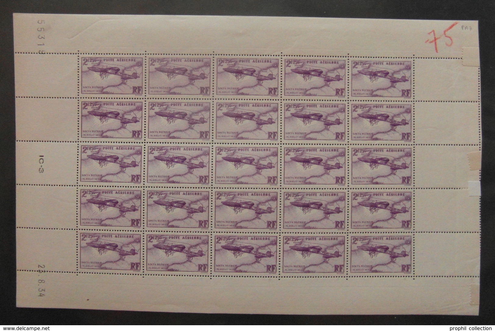 FEUILLE COMPLETE De 25 TIMBRES POSTE AERIENNE PA N° 7 NEUF ** Avec COIN DATÉ 1934 - Feuilles Complètes