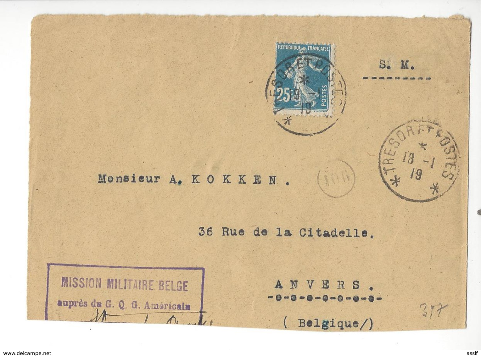 BELGIQUE FRANCE SEMEUSE TRESOR ET POSTES 1919 MISSION MILITAIRE BELGE AUPRES DU G.Q.G. AMERICAIN USA /FREE SHIPPING R - Autres & Non Classés