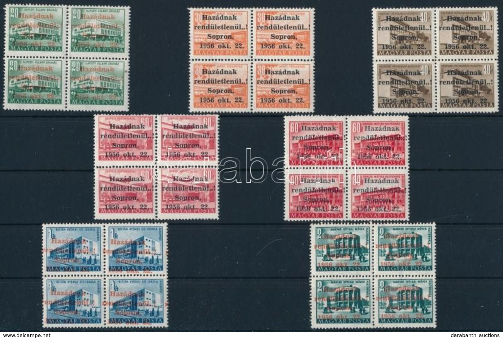 ** 1956 Soproni Kiadás 7 értékes Sor Négyestömbökben, Az 1Ft Eltolódott Felülnyomással (48.000+++) - Altri & Non Classificati