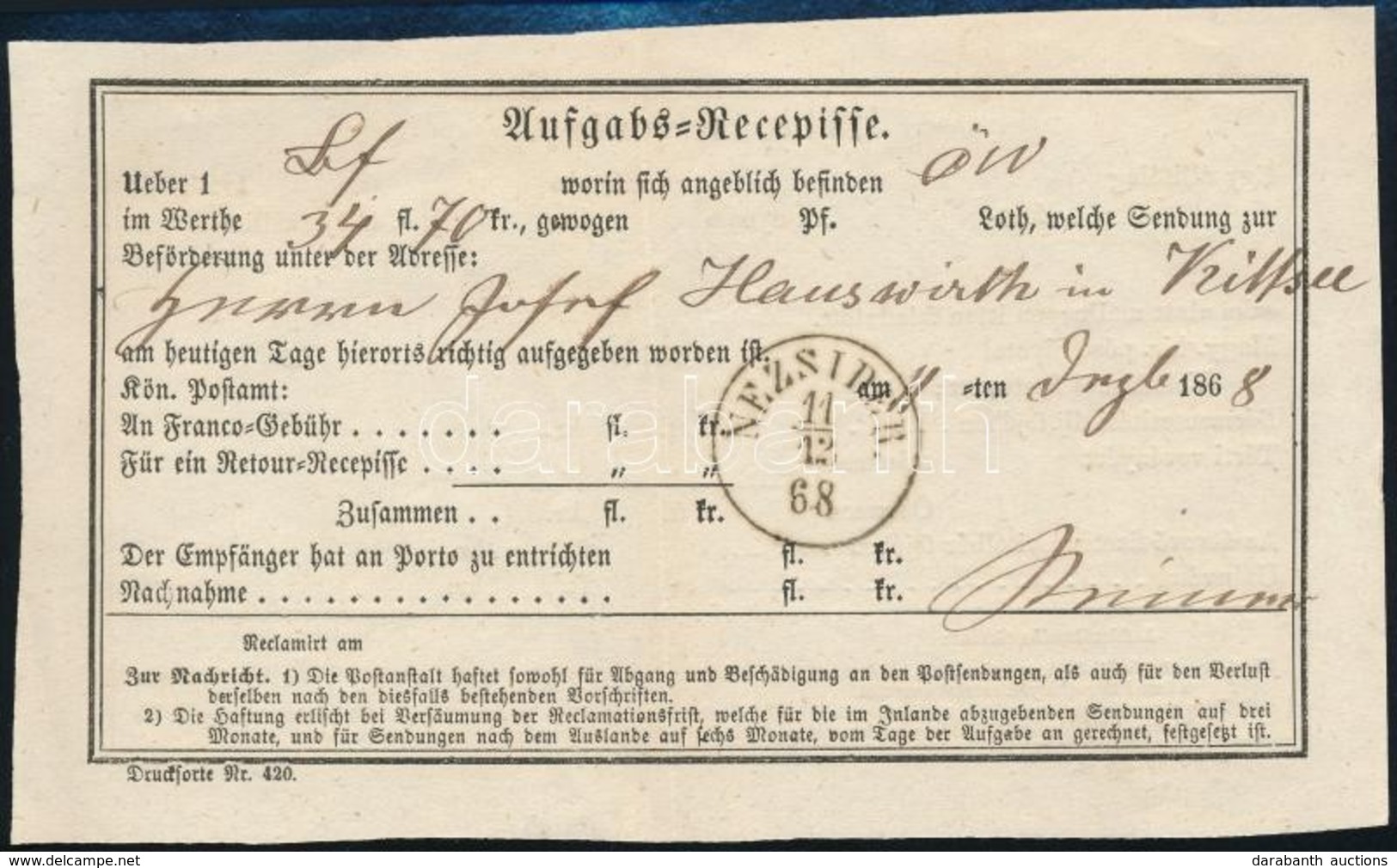 1868 A Ufgabs Recepisse ,,NEZSIDER' - Altri & Non Classificati