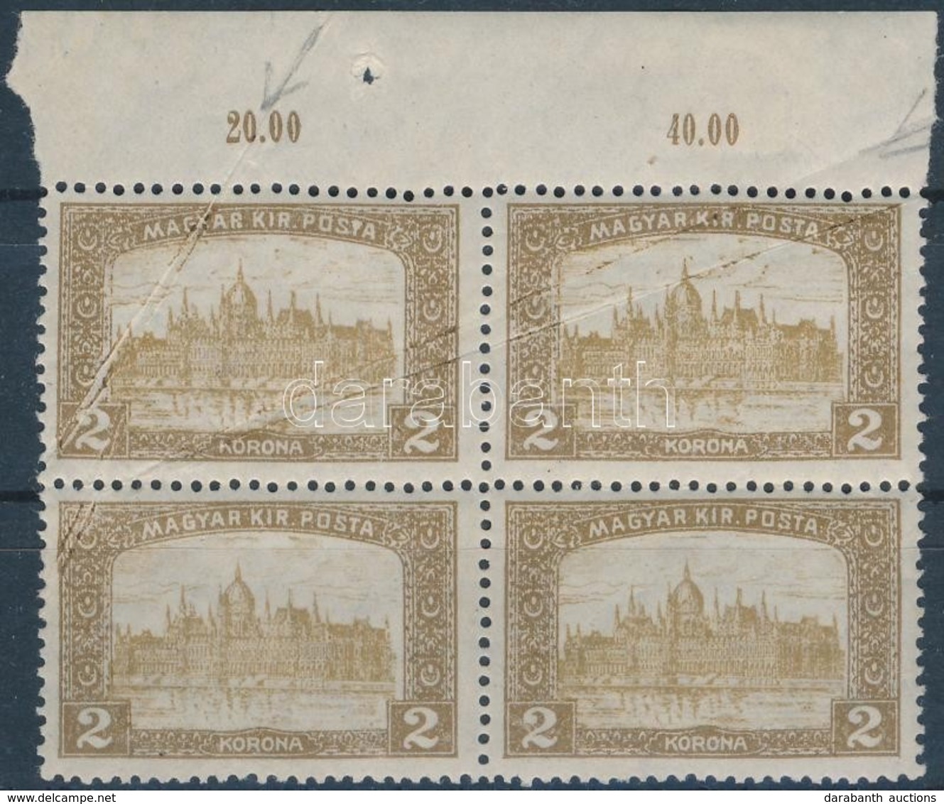 * 1916 Arató-Parlament  2K ívszéli Négyestömb Papírráncokkal / Mi 204 Block Of 4 With Paper Creases - Altri & Non Classificati