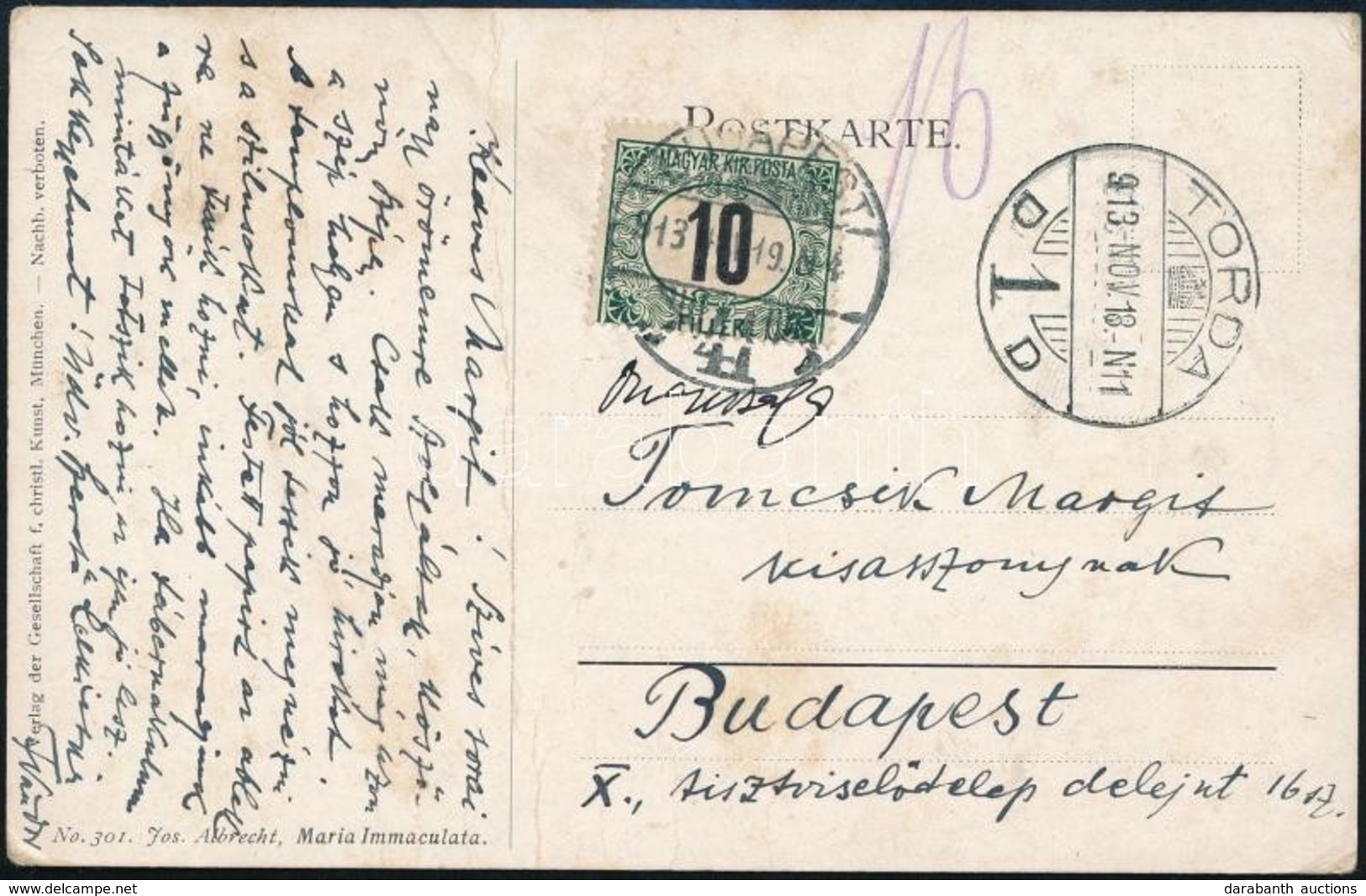 1913 Képeslap Bélyeg Nélkül érkezett Budapestre 10f Zöldportóval Portózva 'TORDA' - Altri & Non Classificati
