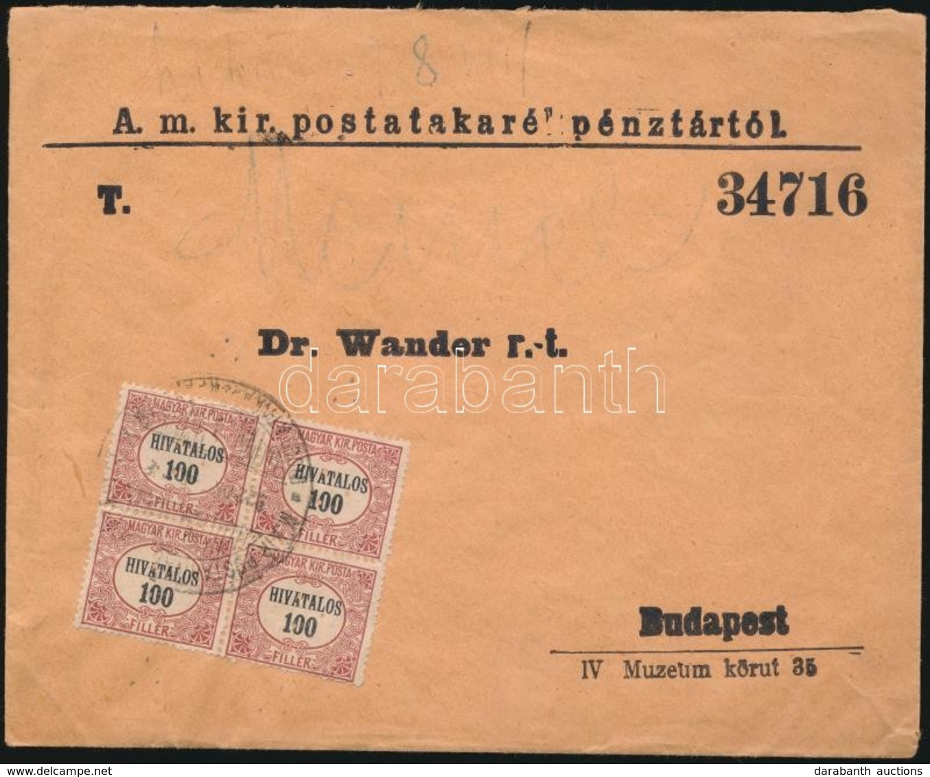 1922 Hivatalos Levél 100f Négyestömb Bérmentesítéssel / Official Cover - Altri & Non Classificati