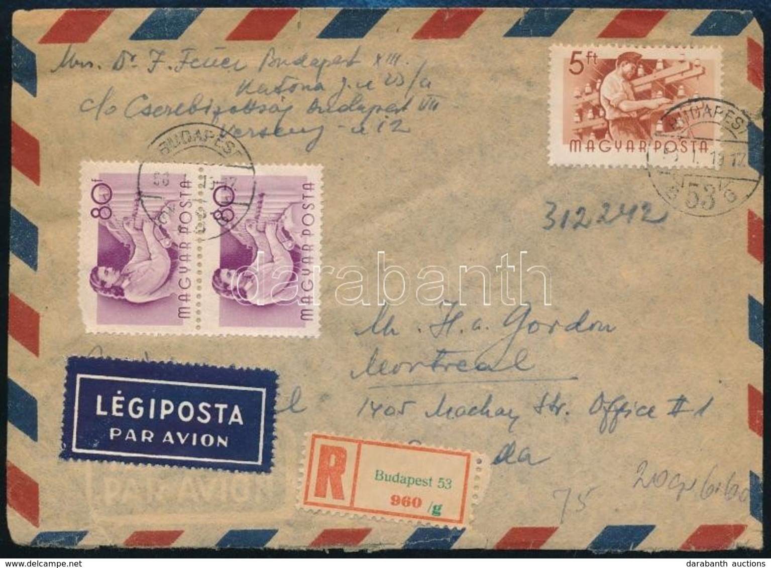 1956 Ajánlott Légi Levél Munka 5Ft Bérmentesítéssel Budapest-Kanada - Altri & Non Classificati