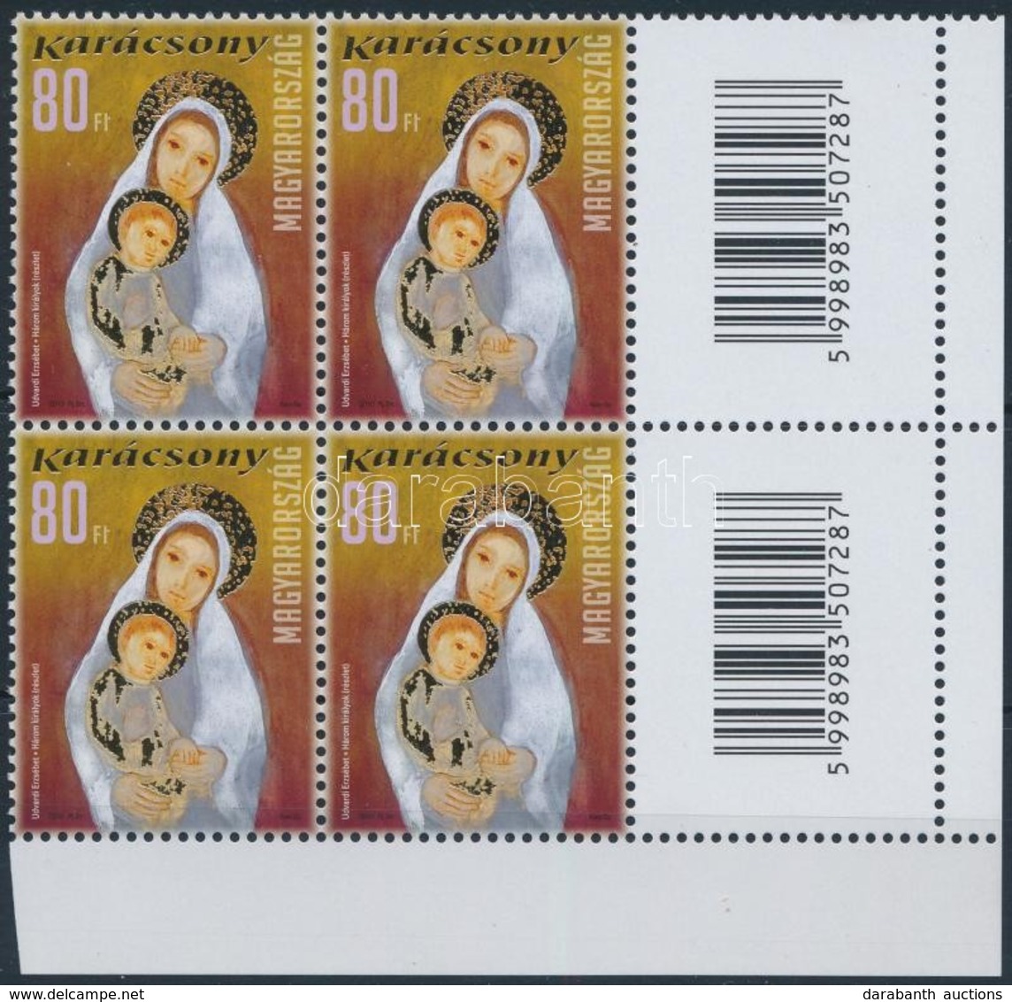 ** 2010 Karácsony 80Ft Négyestömb Jobb Oldali Vonalkódos Mezővel (20.000) / Mi 5487 Block Of 4 With Barcodes On 2 Blank  - Altri & Non Classificati