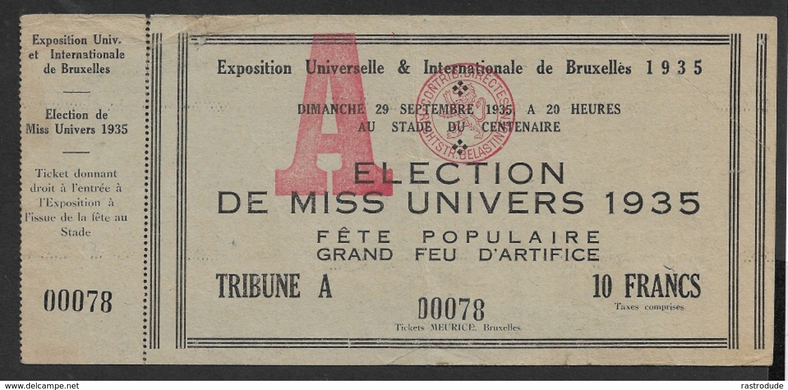 1935 Miss Universe Belgium - Billet D'entrée Non Utilisé - Rare - Biglietti D'ingresso