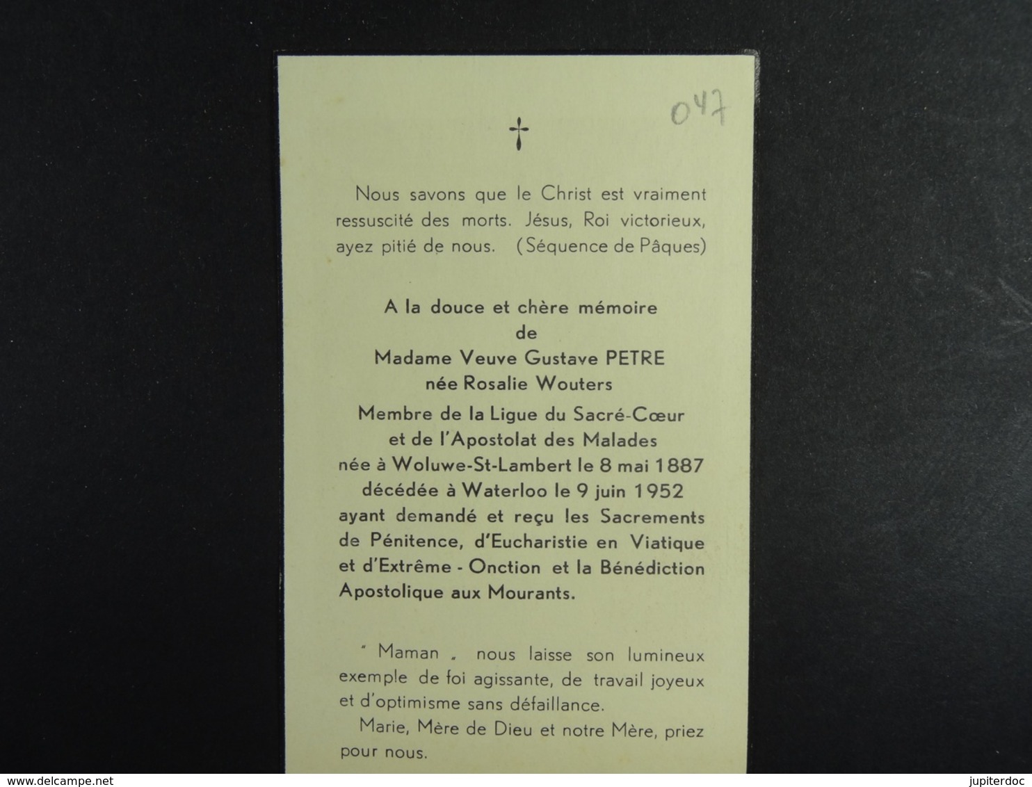 Rosalie Wouters Vve Petre Woluwe-St-Lambert 1887 Waterloo 1952 /047/ - Images Religieuses