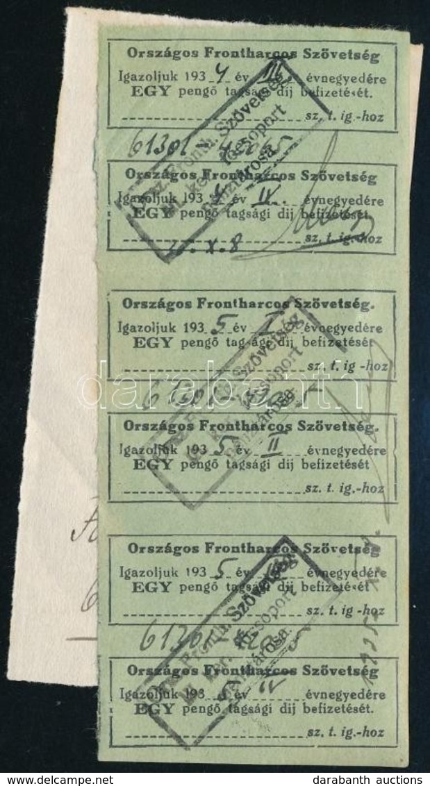 1934 Bp., Országos Frontharcos Szövetség Befizetési Jegyek, Kitöltve, Pecséttel, 6 Db - Non Classificati