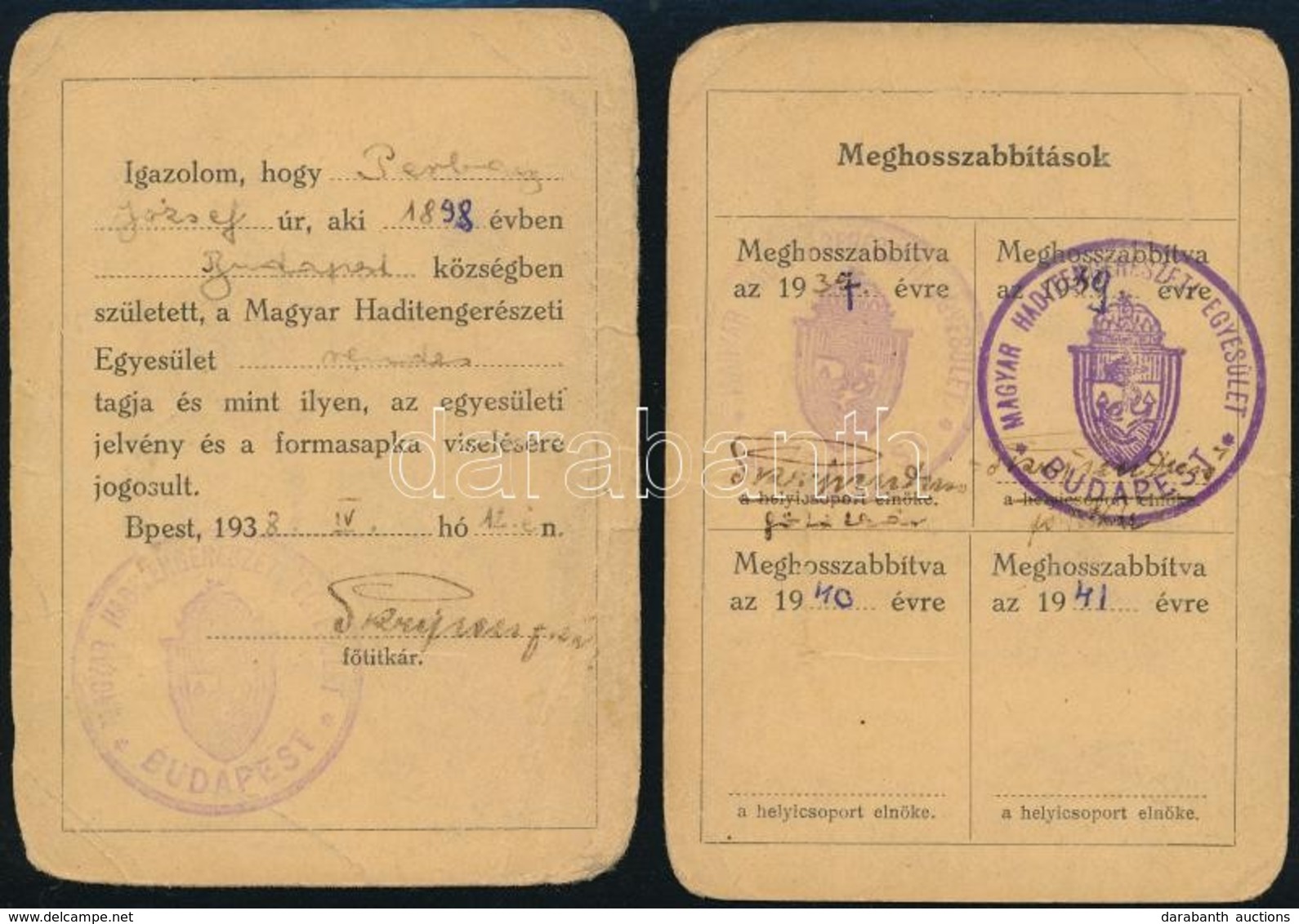 1938 Bp., A Magyar Haditengerészeti Egyesület által Kiállított Tagsági Igazolvány - Non Classificati