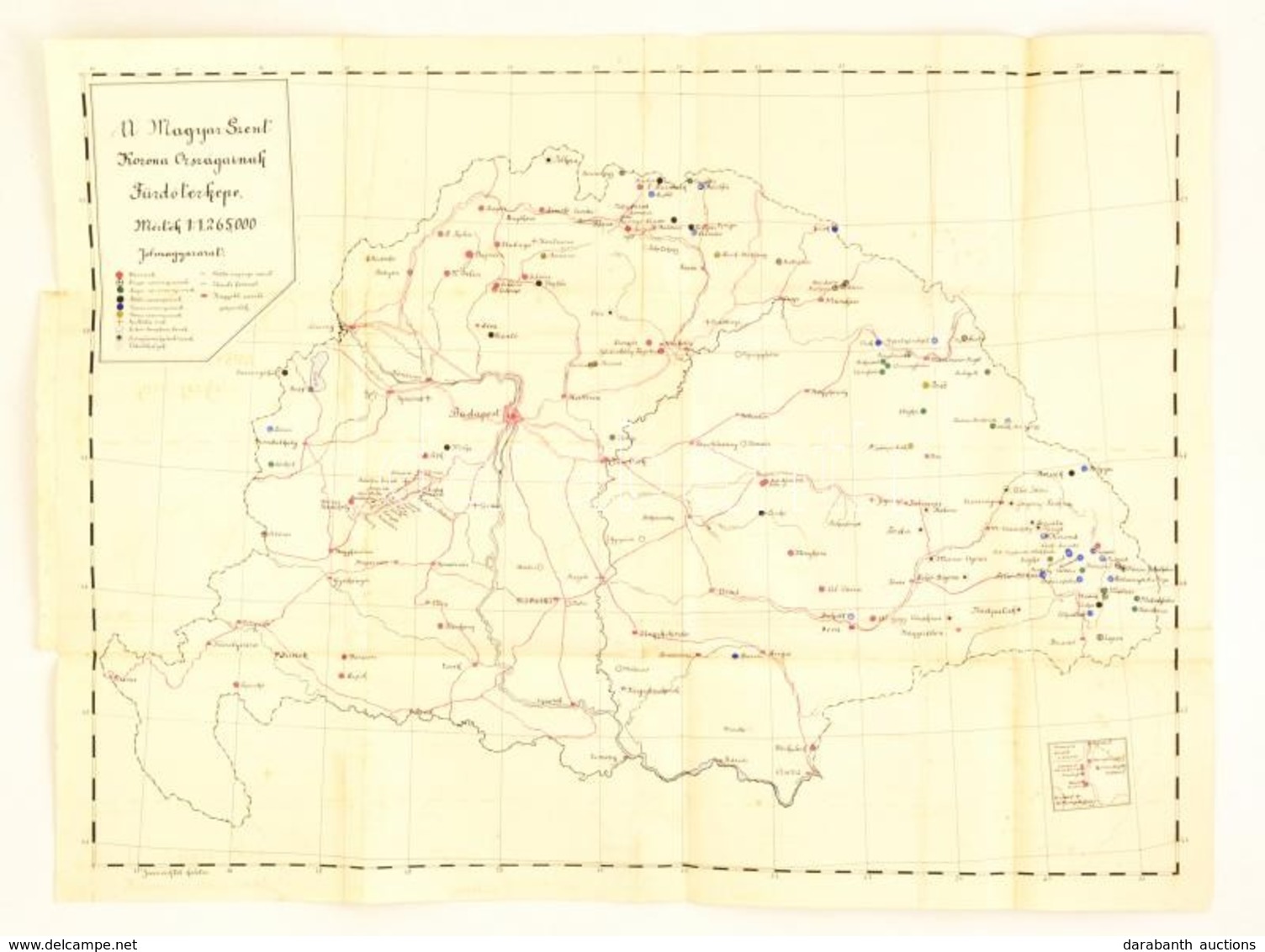 Cca 1900 A Magyar Szent Korona Országainak Fürdőtérképe, Kézzel Rajzolt, 80×59 Cm - Altri & Non Classificati