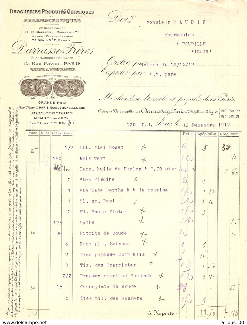 FACTURE 1912 DARRASSE PRODUITS PHARMACIE 13 RUE PAVÉE PARIS 4 ème VERS ÉCUEILLÉ INDRE - USINE A VINCENNES - Droguerie & Parfumerie