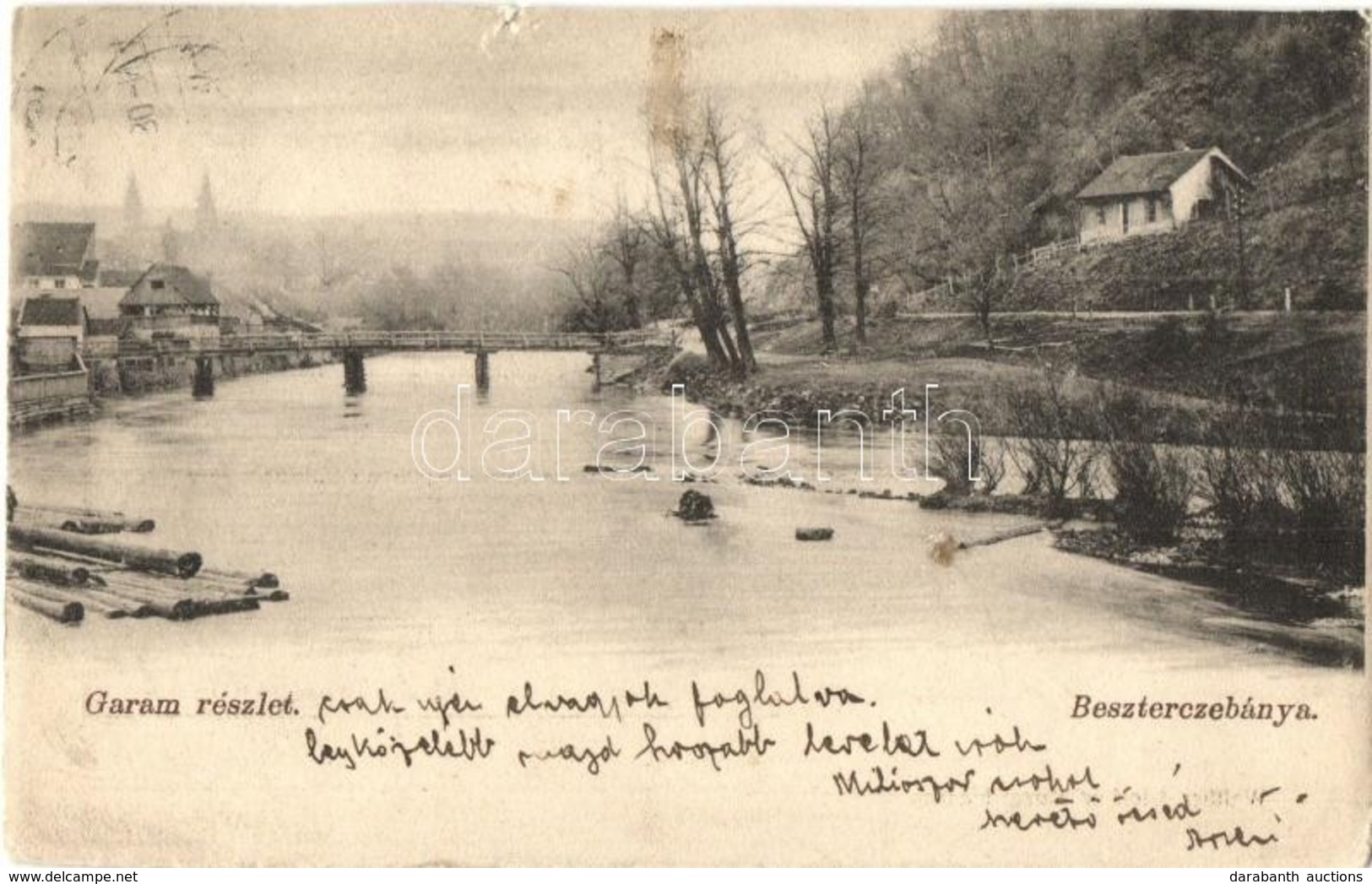 T4 1908 Besztercebánya, Banská Bystrica; Garam Részlet, Vasútállomás / Hron River, Railway Station (vágott / Cut) - Non Classificati