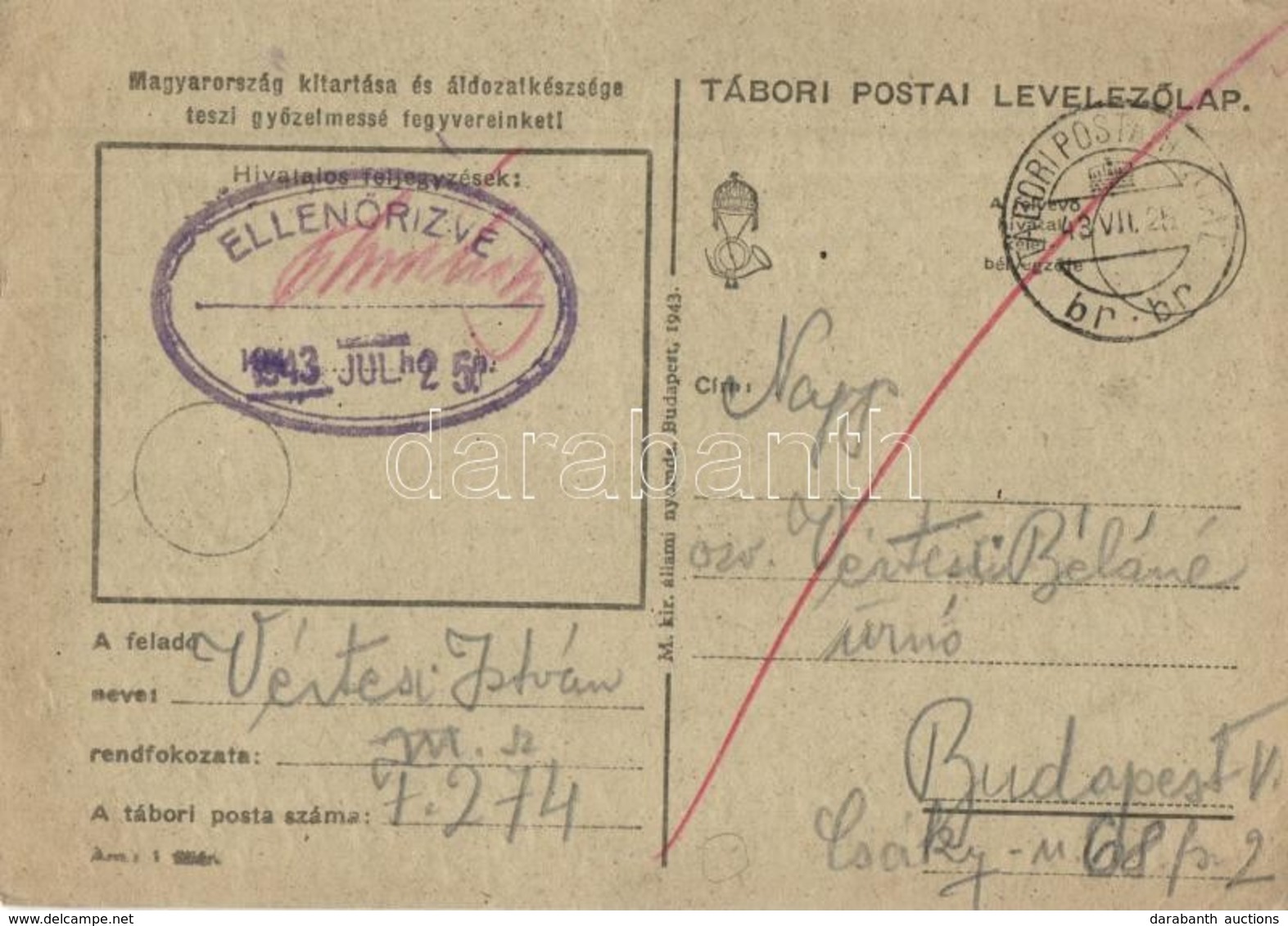 T2/T3 1943 Vértesi István Zsidó KMSZ (közérdekű Munkaszolgálatos) Levele édesanyjának özv. Vértesi Béláné úrnőnek. M. Sz - Non Classificati