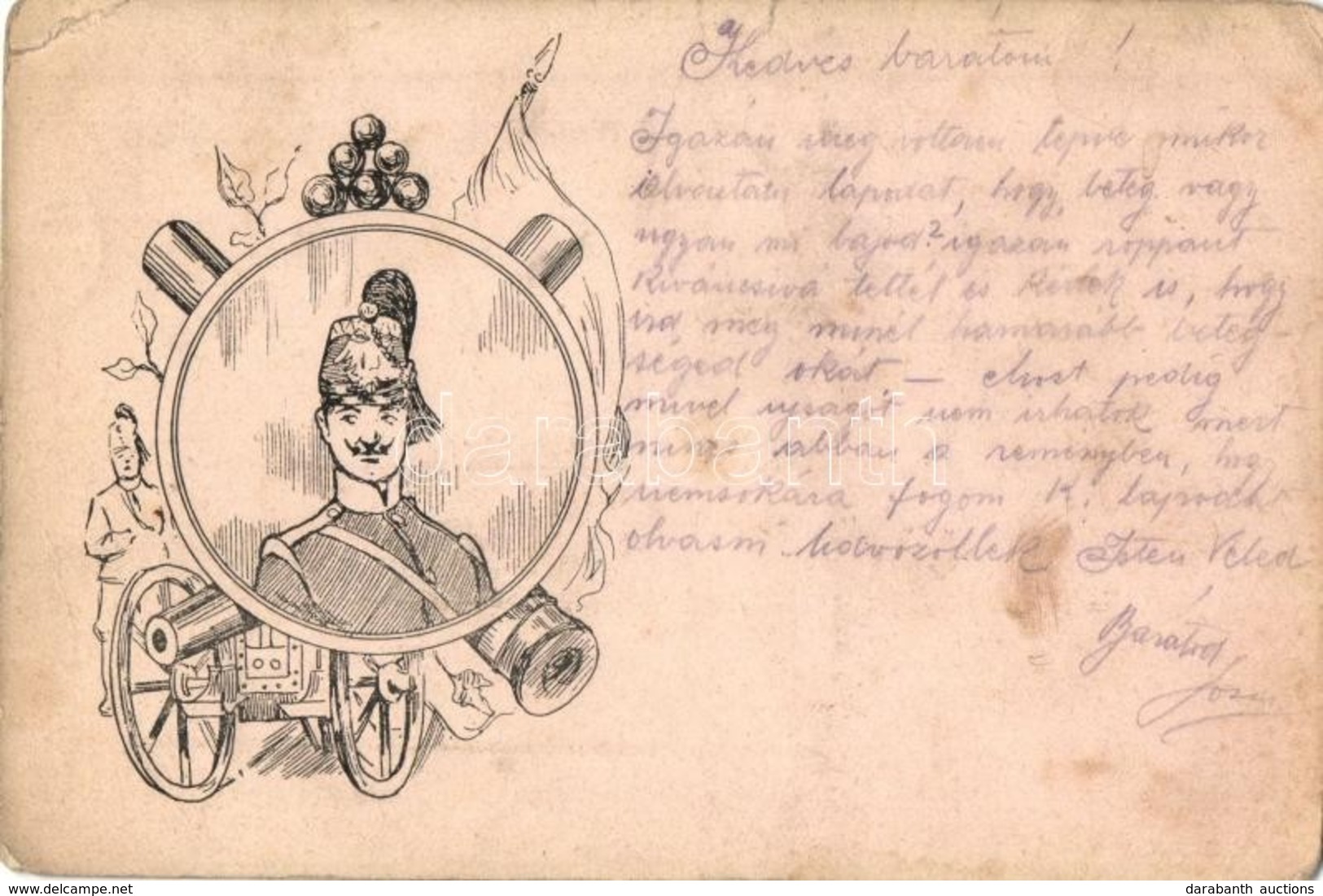 * T3 1904 Osztrák-magyar Tüzértisztet ábrázoló Művészlap / Austor-Hungarian Gunner, Art Postcards (kis Szakadás / Small  - Non Classificati