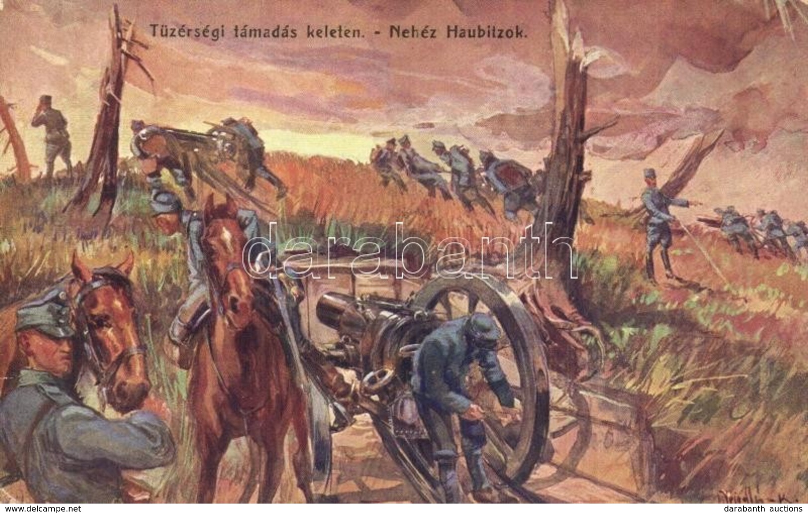 * T3 Tüzérségi Támadás Keleten, Nehéz Haubitzok / WWI K.u.K. Military Art Postcard With Heavy Howitzer Cannons. LP 2421. - Non Classificati
