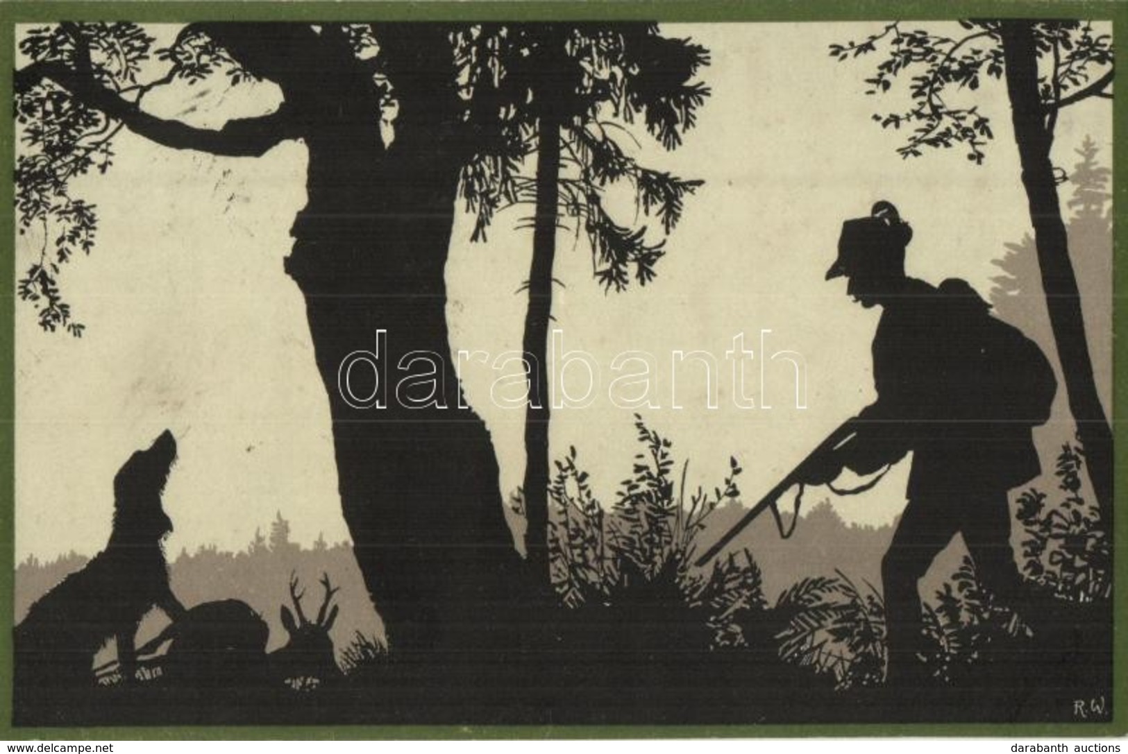 T2 Hunter With Dog, Silhouette Art Postcard S: R. W. - Unclassified