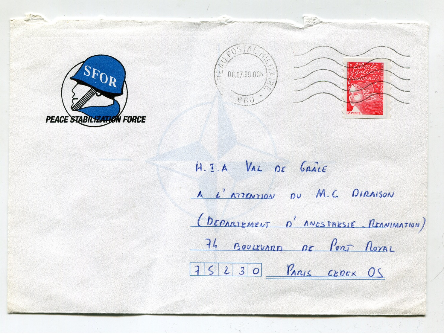 France Lettre Obliteration Bureau Postal Militaire 660 - T 3085 06 07 99 - Illustration SFOR - Sellos Militares Desde 1900 (fuera De La Guerra)