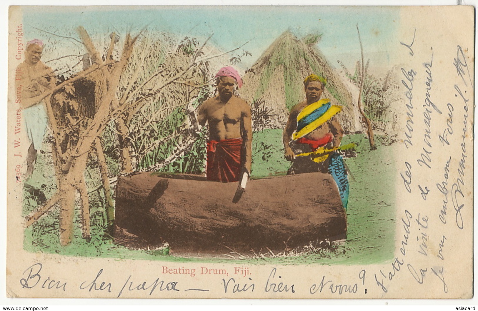Fiji  Beating Drums Hand Colored . Edit J.W. Waters Suva. Stamped Fiji 1904 To Brioude Haute Loire France - Fidji