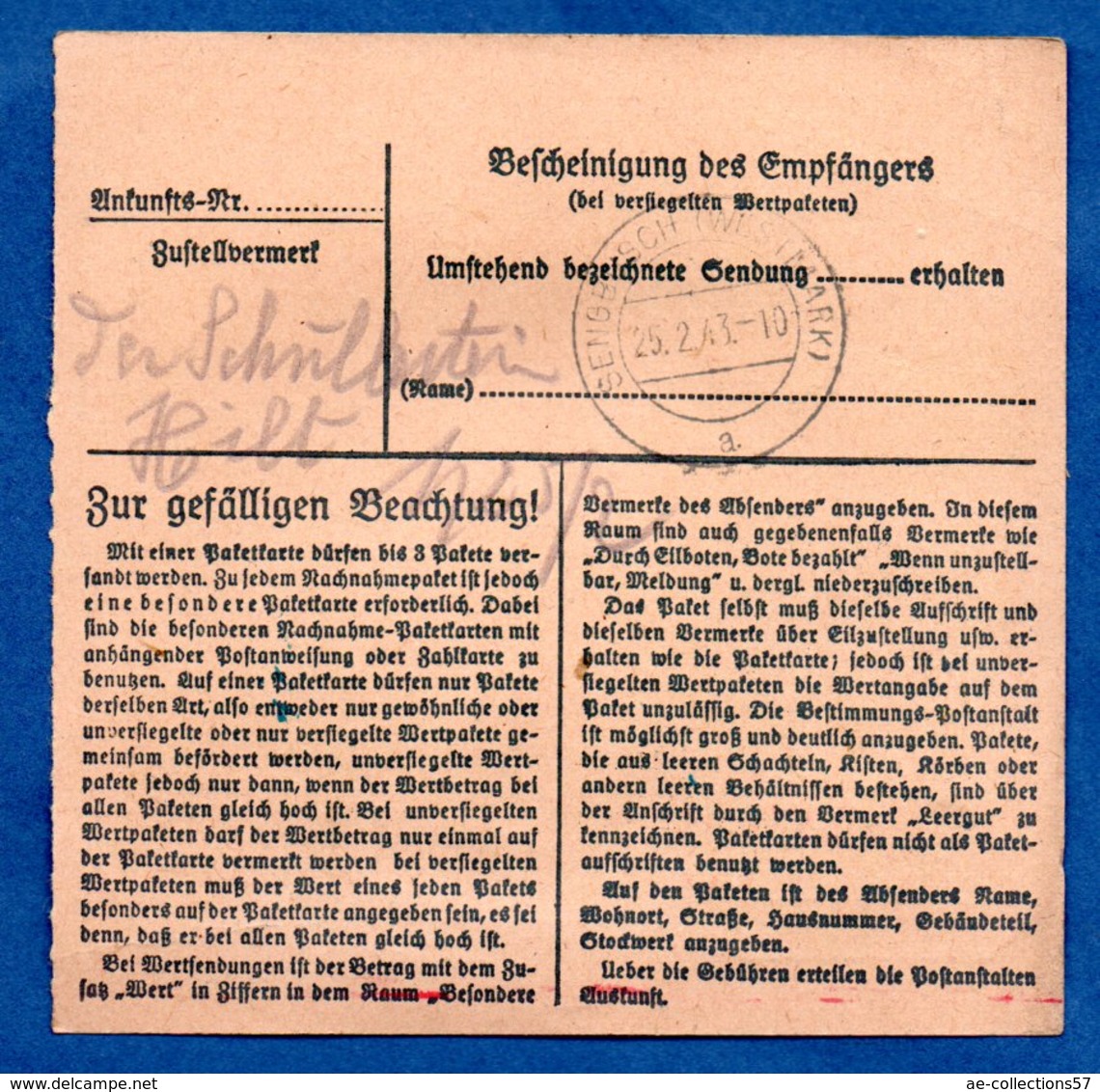 Colis Postal  - Départ Saarbrücken 2 -  23/2/1943 - Lettres & Documents