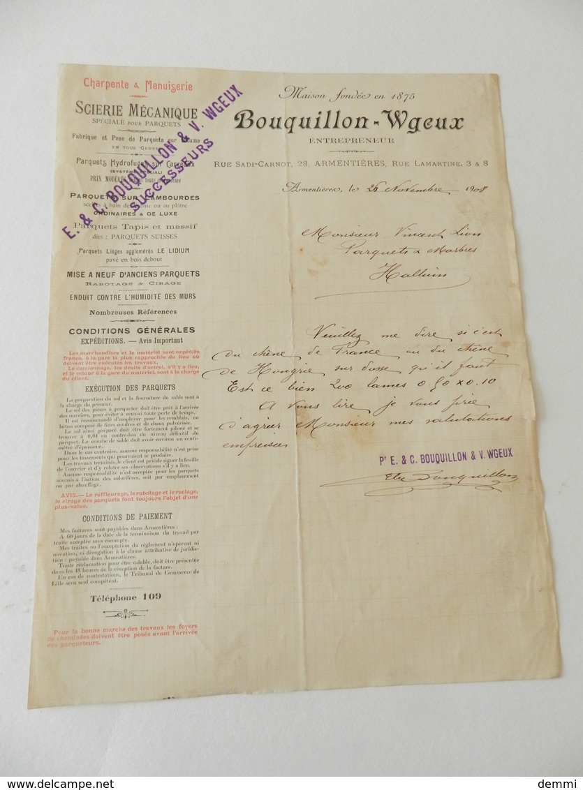 Facture  - Armentières - Bouquillon-Wgeux - Scierie Mécanique Parquets - Rue Sadi-Carnot - 1908 - Textile & Vestimentaire