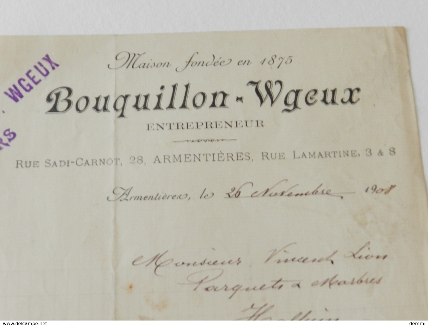 Facture  - Armentières - Bouquillon-Wgeux - Scierie Mécanique Parquets - Rue Sadi-Carnot - 1908 - Textile & Vestimentaire