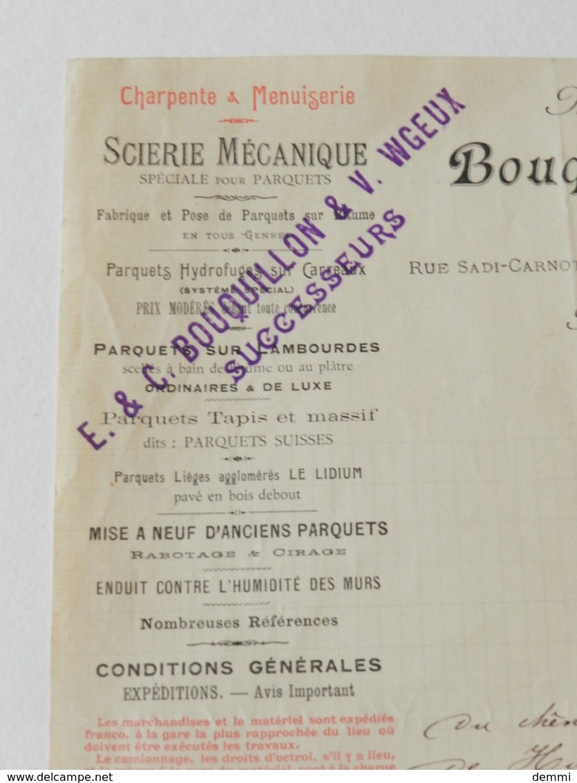 Facture  - Armentières - Bouquillon-Wgeux - Scierie Mécanique Parquets - Rue Sadi-Carnot - 1908 - Textile & Vestimentaire