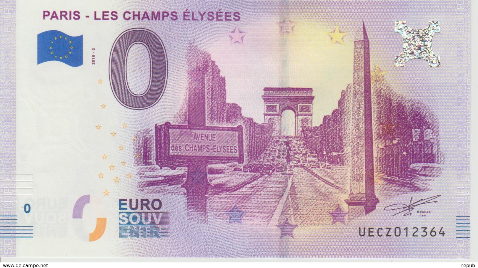 Billet Touristique 0 Euro Souvenir France 75 Paris Champs Elysées 2018-2 N°UECZ012364 - Essais Privés / Non-officiels