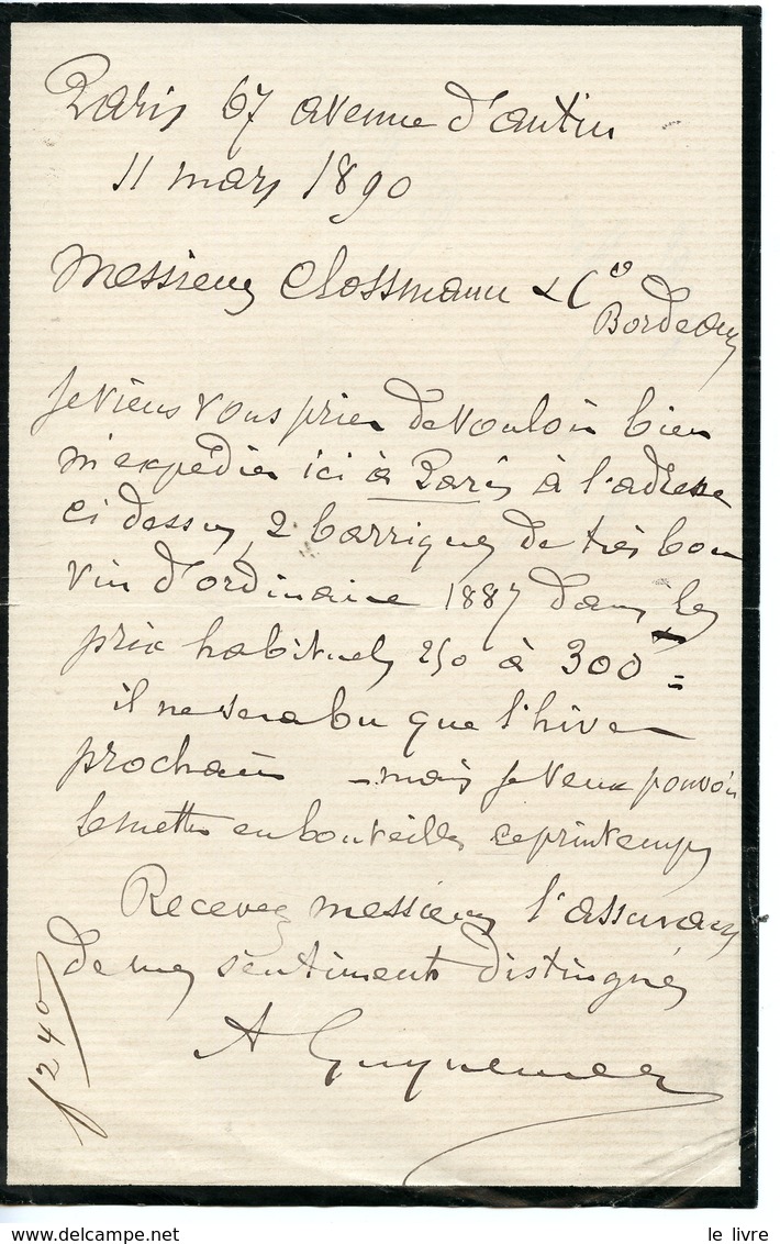 49. GUYNEMER (AUGUSTE GRAND-PERE DE L'AVIATEUR ?). LAS 1890 ADRESSEE AUX NEGOCIANTS DE BORDEAUX CLOSSMANN POUR ACHAT VIN - Andere & Zonder Classificatie