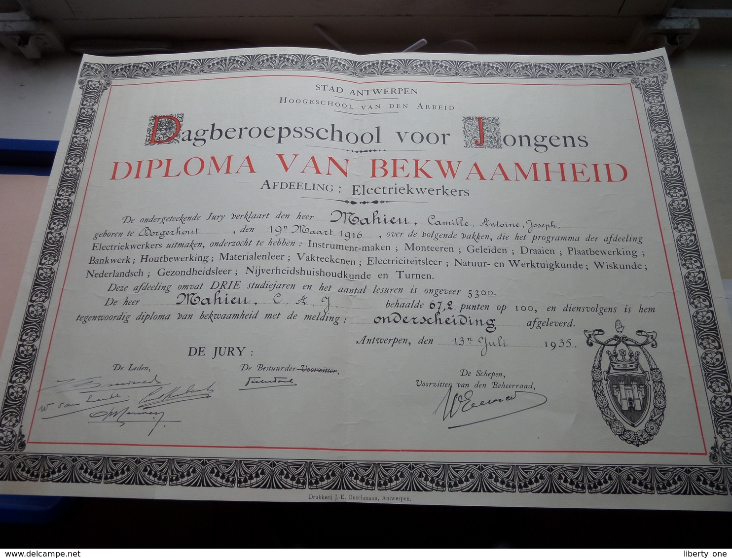 DIPLOMA Van BEKWAAMHEID ELECTRIEK Dagberoepsschool Voor Jongens Antwerpen 1935 > MAHIEU ( Zie Foto's ) ! - Diplômes & Bulletins Scolaires