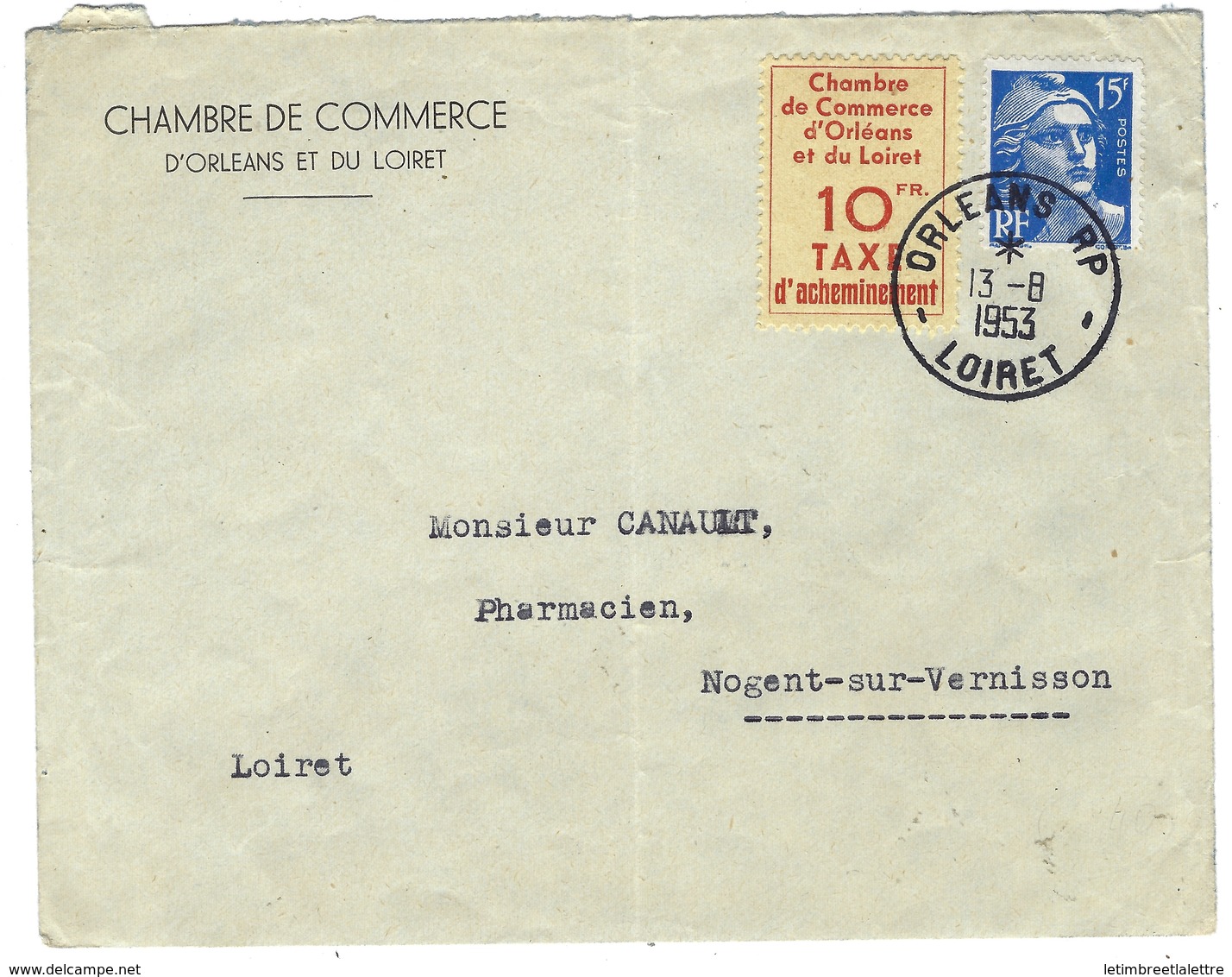 Timbre De Grève émis Par La Chambre De Commerce Le 13 / 8 / 53 Oblitération Postale - Autres & Non Classés