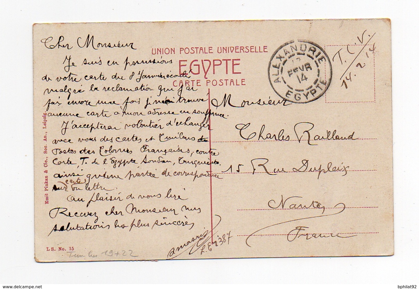 !!! PRIX FIXE : ALEXANDRIE, TYPES BLANC SUR CPA DE 1914 POUR LA FRANCE - Briefe U. Dokumente