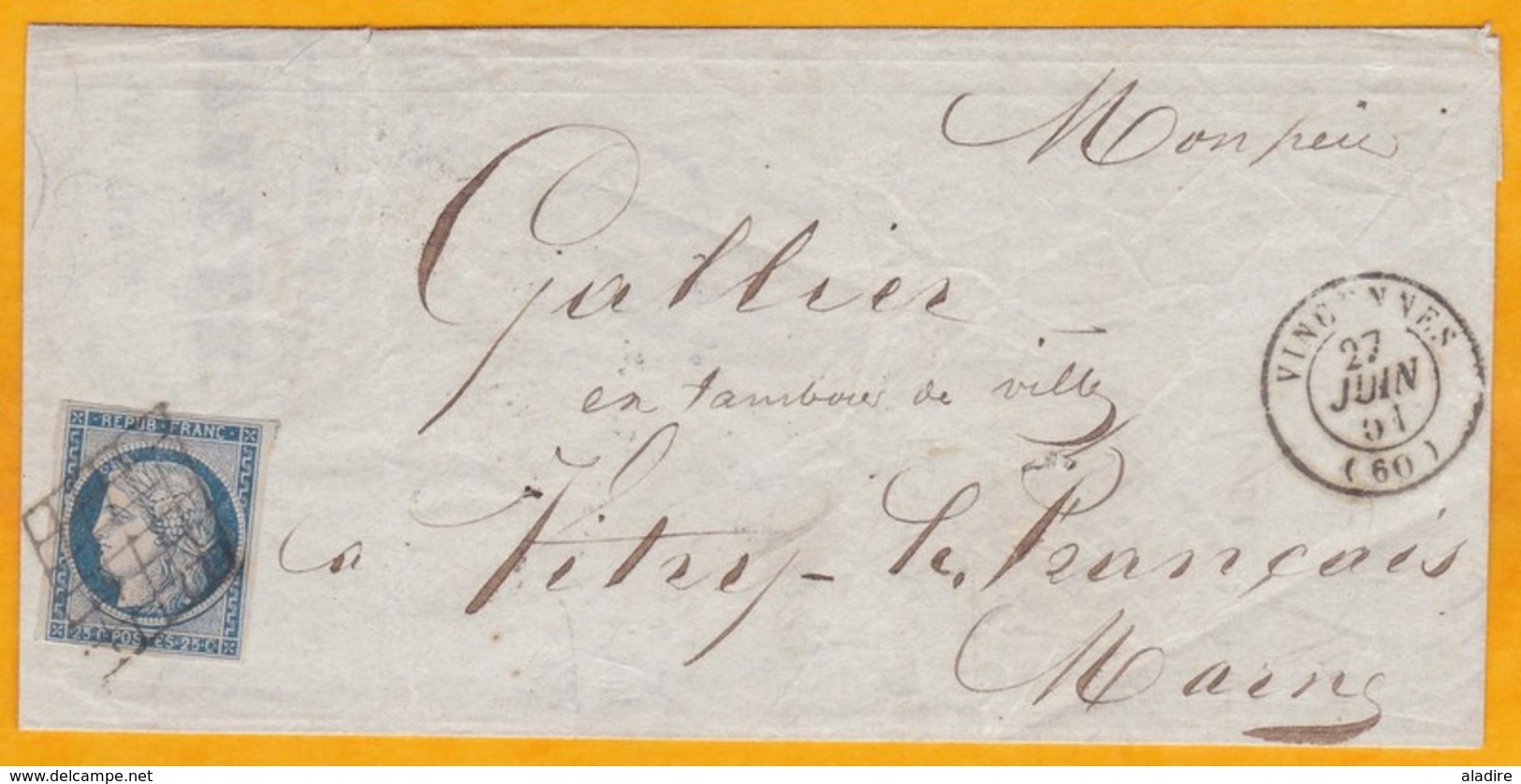 1851 - 25 C Bleu Cérès YT N° 4 - Sur Lettre De Vincennes Vers Vitry Le François - Belles Marques - Cad Arrivée - 1849-1850 Cérès