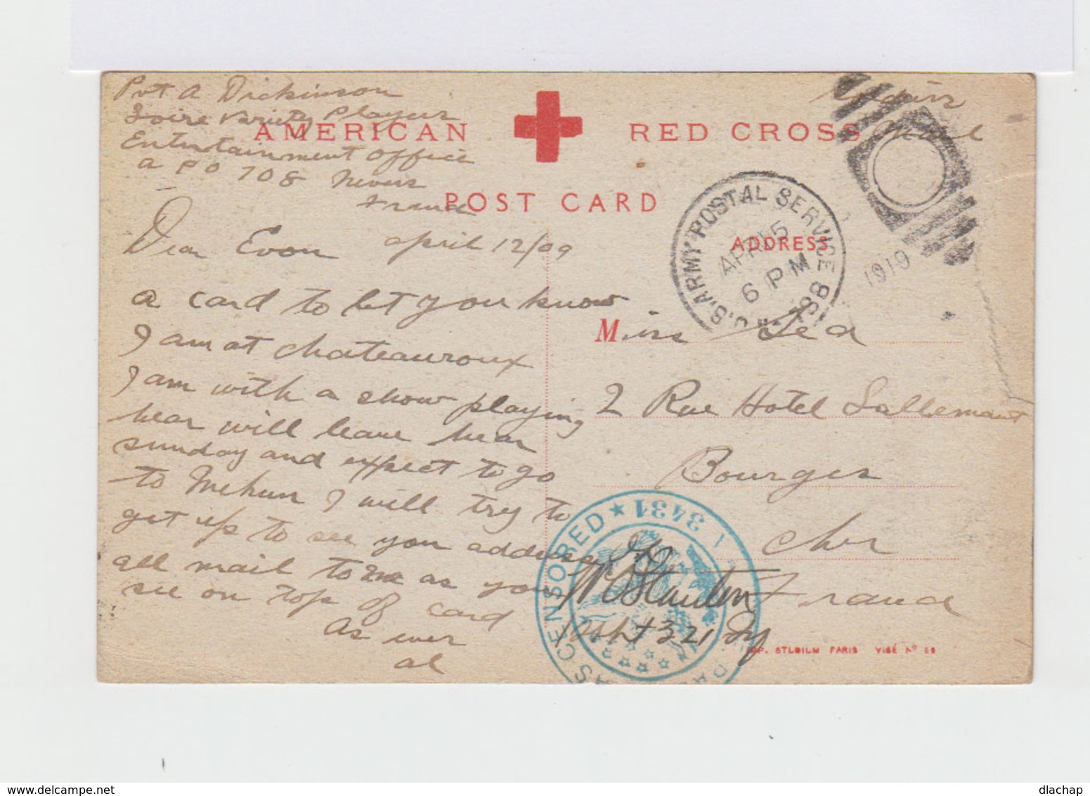 Carte American Red Cross. Cachet US Army 1919. Défilé 14 Juillet 1914 Paris. (677) - Cartes Souvenir