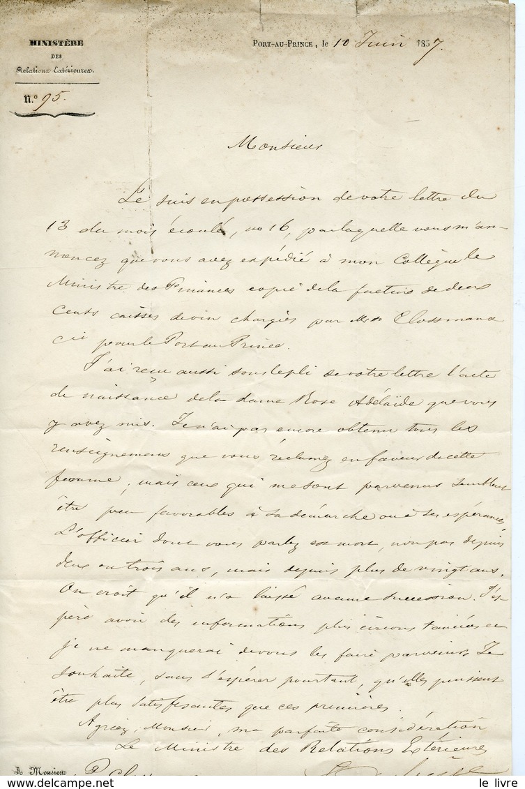 57. HAÏTI MINISTRE DES RELATIONS EXTERIEURES LOUIS DUFRENE. LAS 1857 ADRESSEE AU CONSUL D'HAÏTI CLOSSMAN A BORDEAUX - Altri & Non Classificati