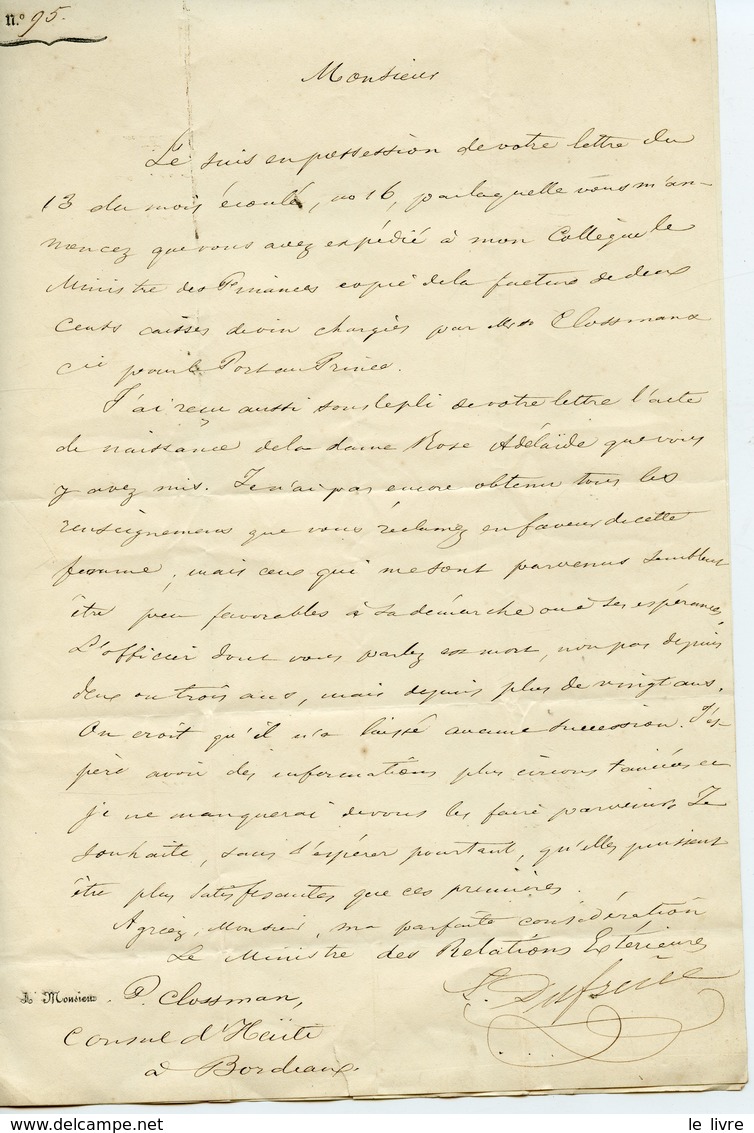 57. HAÏTI MINISTRE DES RELATIONS EXTERIEURES LOUIS DUFRENE. LAS 1857 ADRESSEE AU CONSUL D'HAÏTI CLOSSMAN A BORDEAUX - Altri & Non Classificati