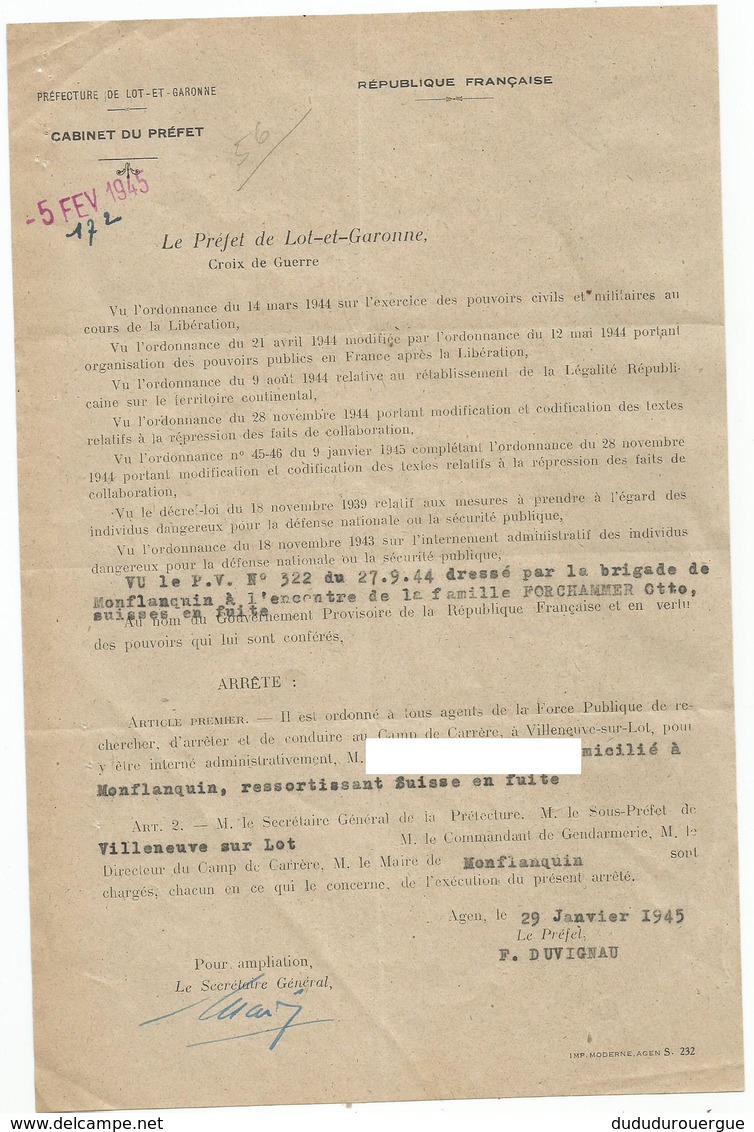 DEMANDE  D ARRESTATION ET  D INTERNEMENT AU CAMP DE CARRERE A VILLENEUVE SUR LOT D UN HABITANT DE MONFLANQUIN - Non Classés