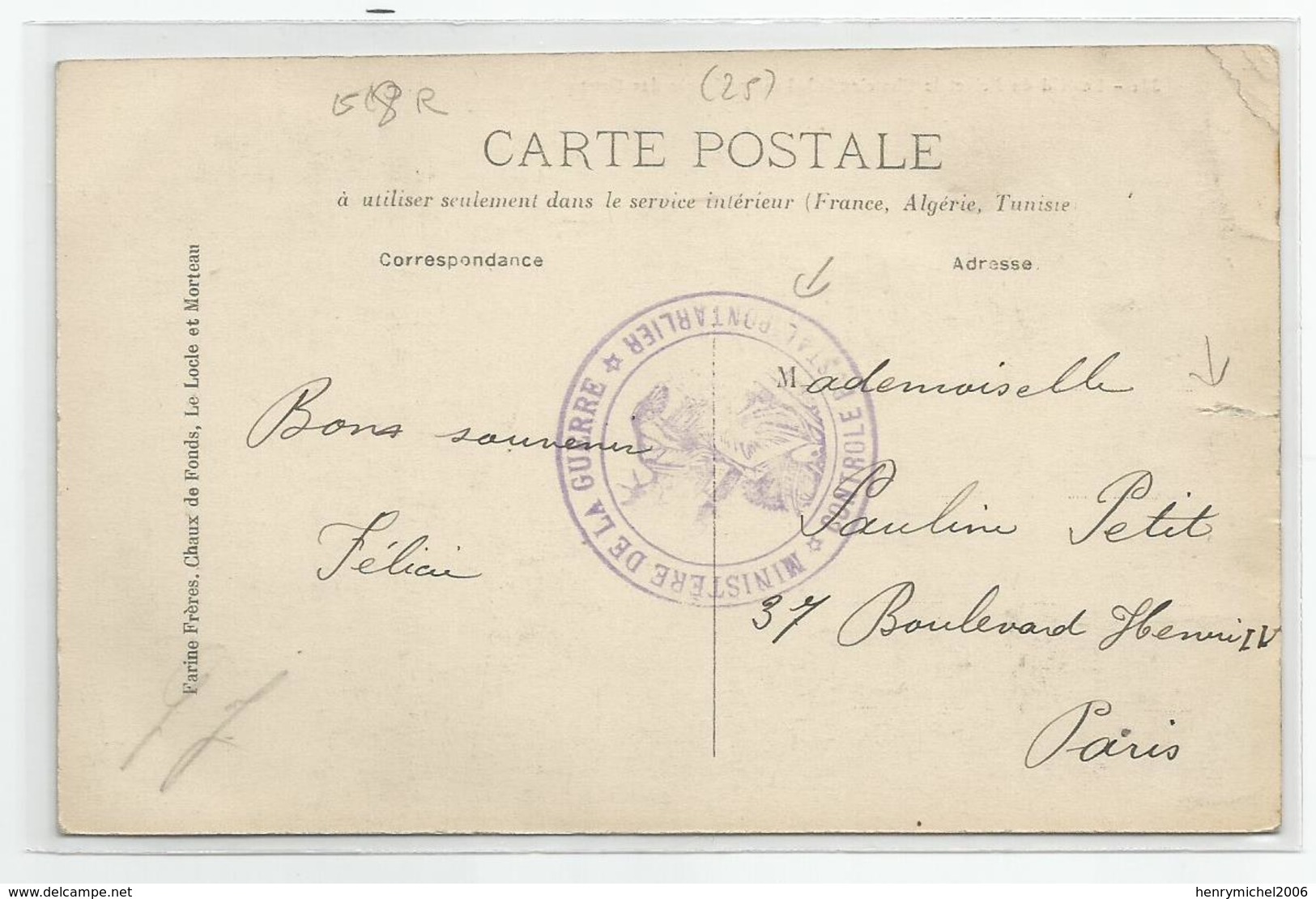 25 Doubs  Le Nid Du Fol Et Le Chateleu Des Gras Cachet Controle Postal Pontarlier, Farine F Chaux De Fonds Locle Morteau - Pontarlier