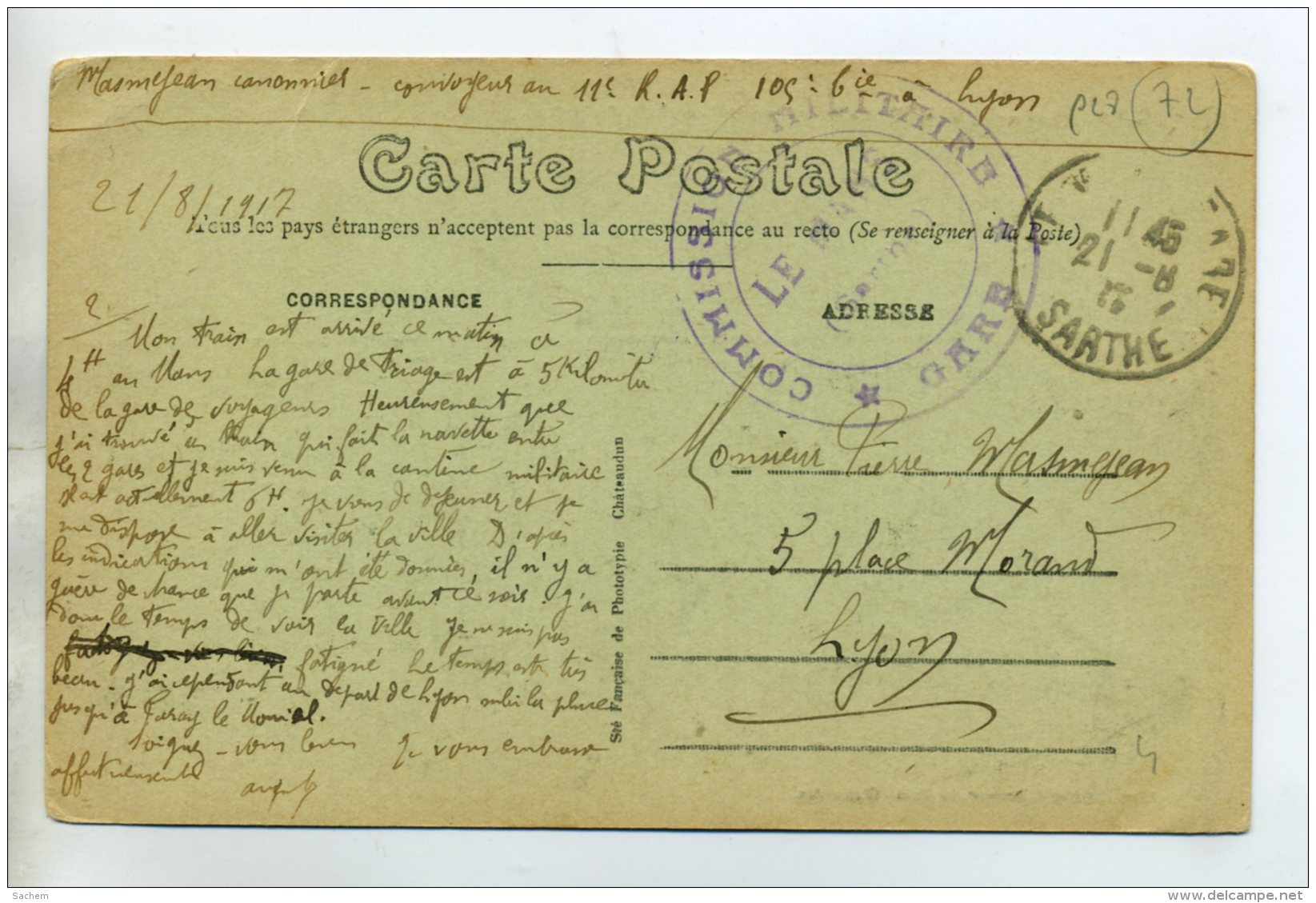 72 LE MANS écrite Aout 1917  Convoyeur 11em RAP  CACHET COMMISSION MILITAIRE De GARE     /D04-2015 - Le Mans