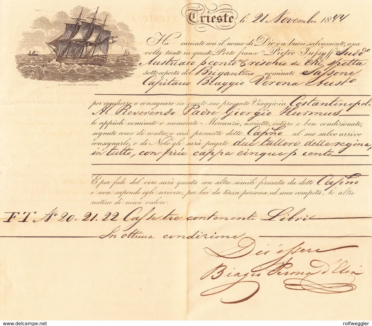1844 Brief Aus Triest Nach Constantinople Mit Schiffsbeförderungspapier Vom Kapitän Unterschrieben - ...-1858 Préphilatélie