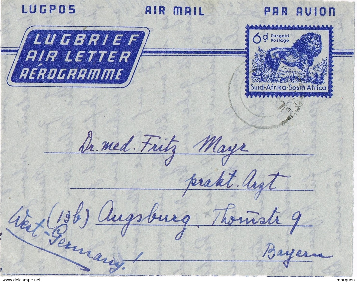 29879. Frontal Aerograma SOUTH AFRICA To Germany. Lion - Poste Aérienne