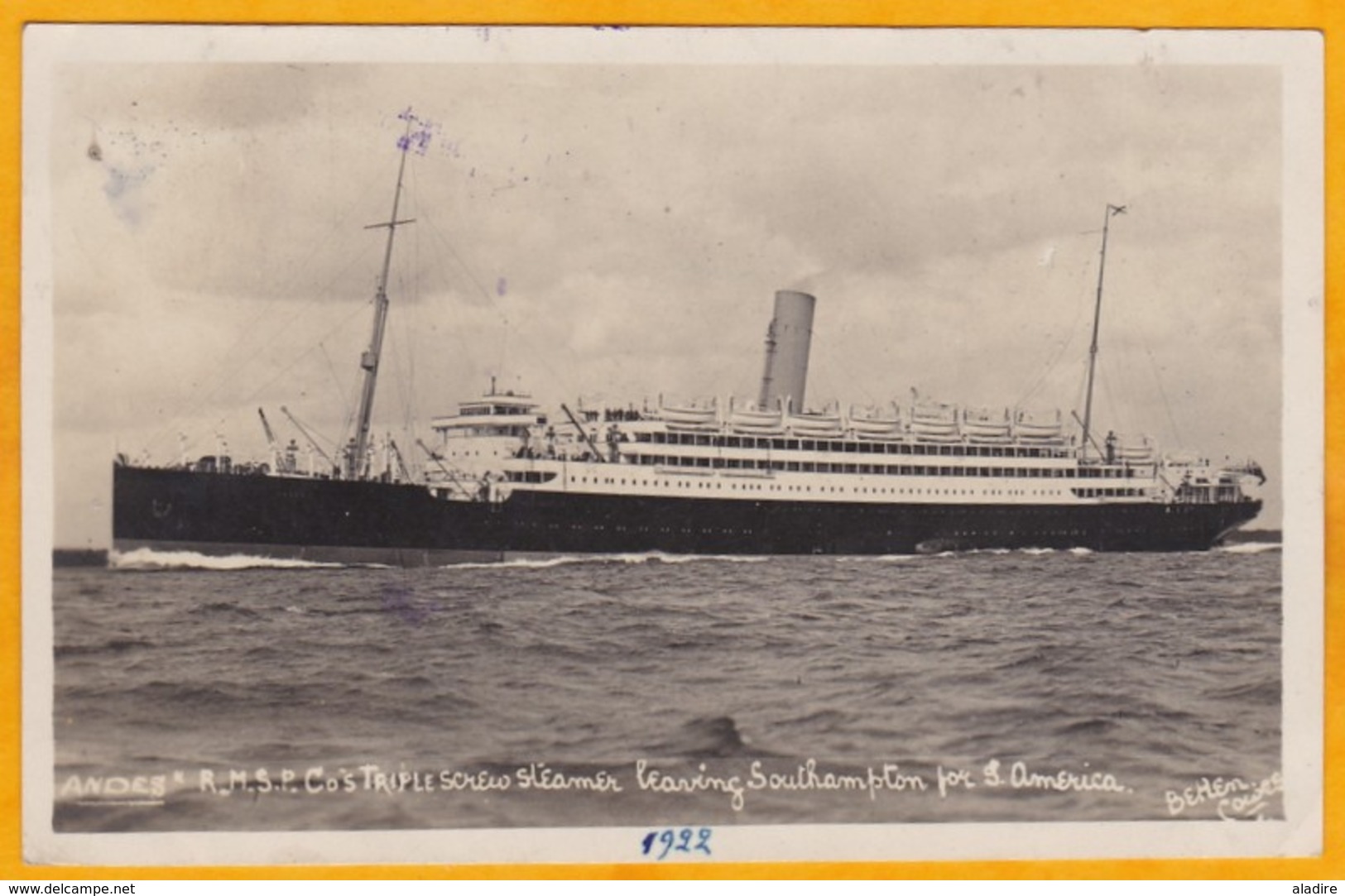 1922 - CP De Port De Vigo, Espagne Vers Thann, France - Paquebot RMS Andes - Posté à La Mer - Photo Concordante - Poste Maritime