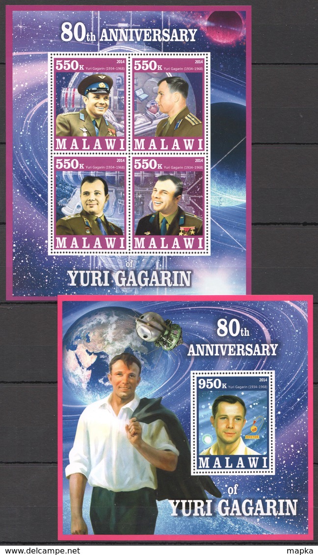 C224 2014 MALAWI SPACE 80TH ANNIVERSARY OF YURI GAGARIN PRIVATE ISSUE 1KB+1BL MNH - Autres & Non Classés