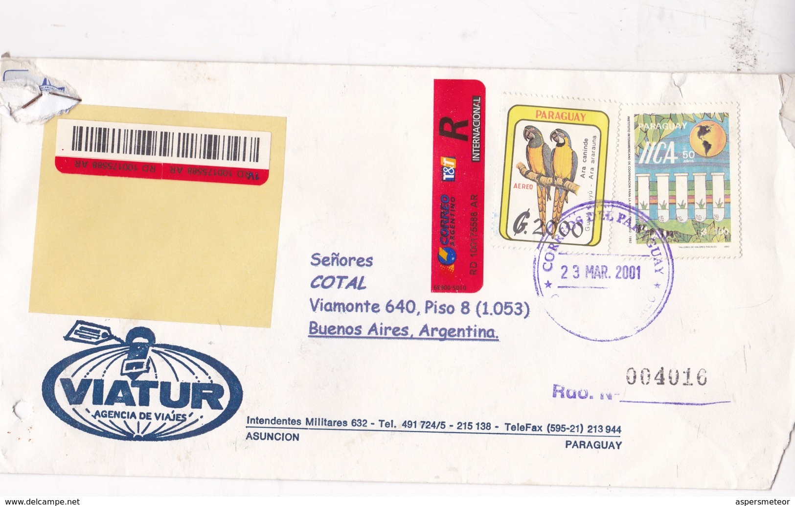 VIATUR. SOBRE ENVELOPE CIRCULEE ARGENTINE CIRCA 2001. RECOMMANDE. SIGNEE. PARAGUAY- BLEUP - Paraguay