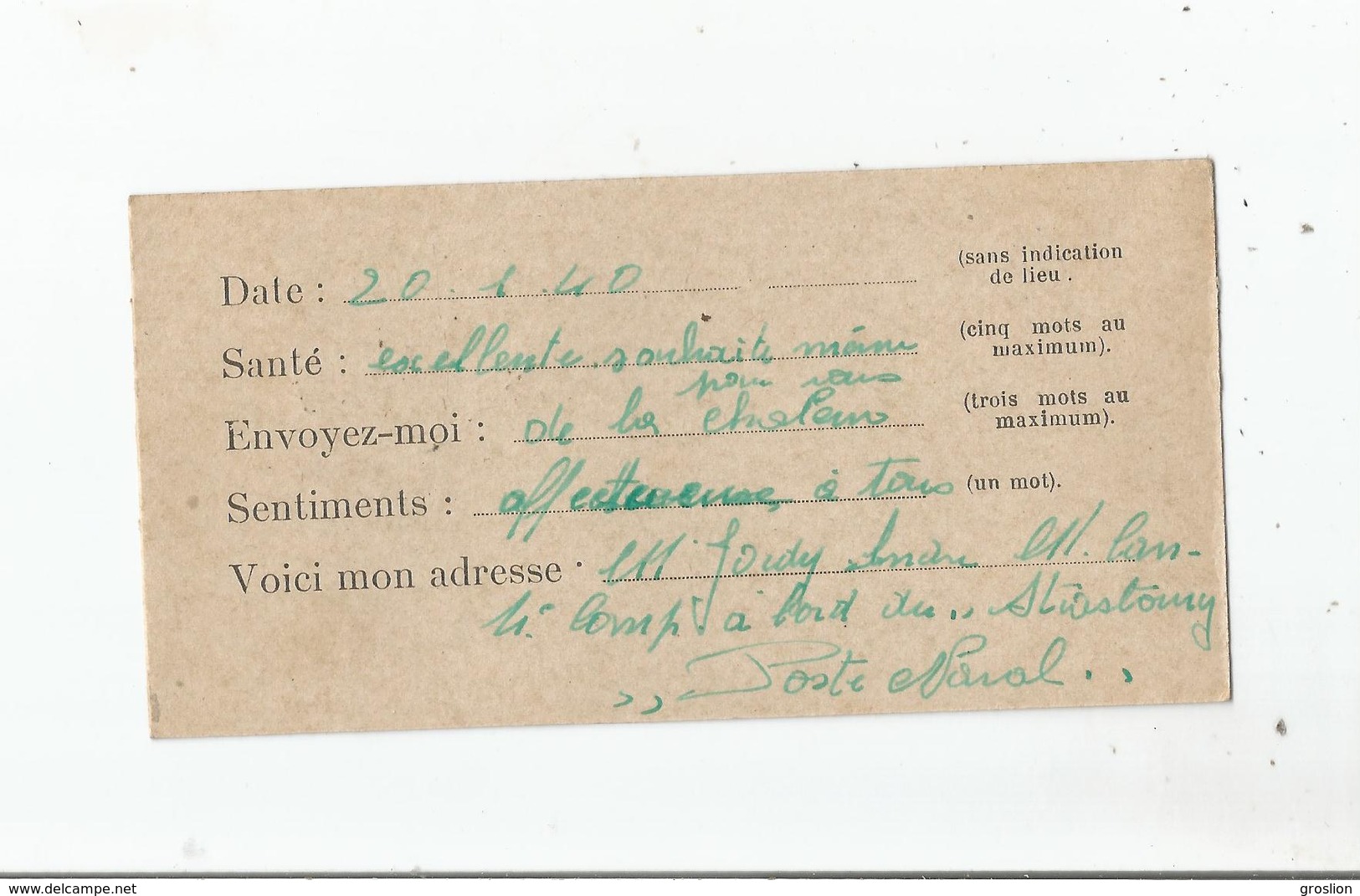 CARTE PRIORITE NAVALE MILITAIRE AVEC CACHET NAVAL BATIMENT DE LIGNE STRASBOURG 20.1 40 . SABORDE EN 1942 - Poste Navale