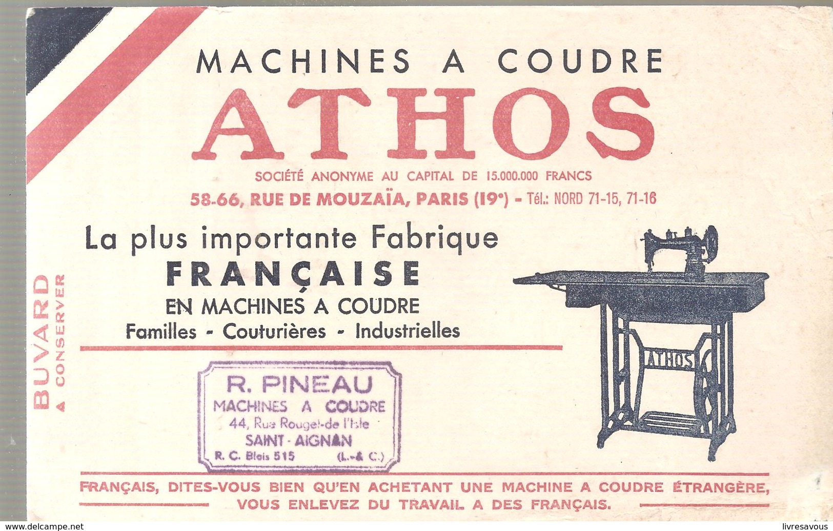 Buvard ATHOS Machines à Coudre Offert Par R. PINEAU à Saint Aignan - Other & Unclassified
