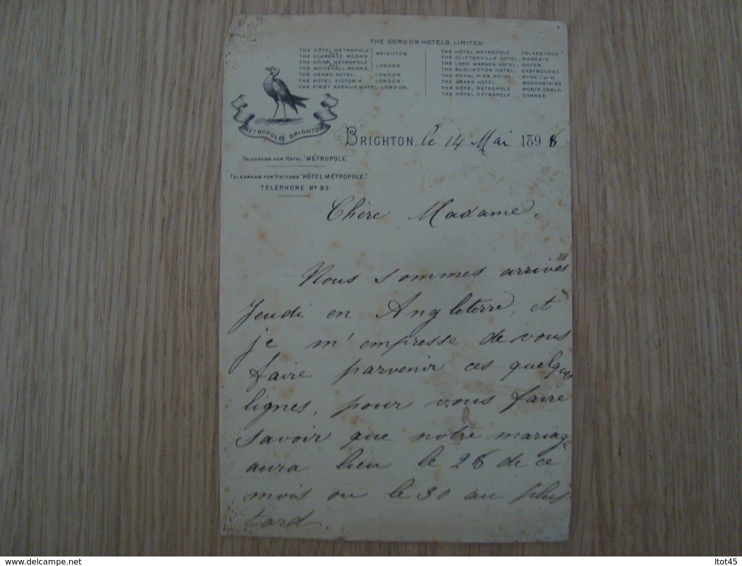 DOCUMENT TELEGRAME HOTEL METROPOLE BRIGHTON 1896 - Royaume-Uni