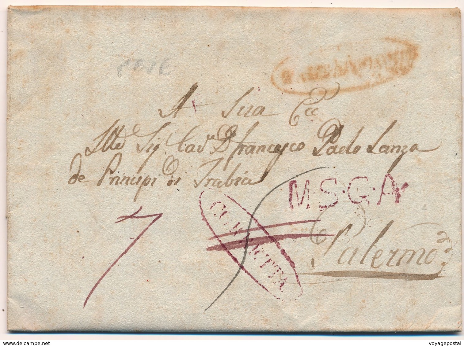 Lettre Vittoria M.S.G.A Pour Palerme Corretta 1833 - Etats Pontificaux