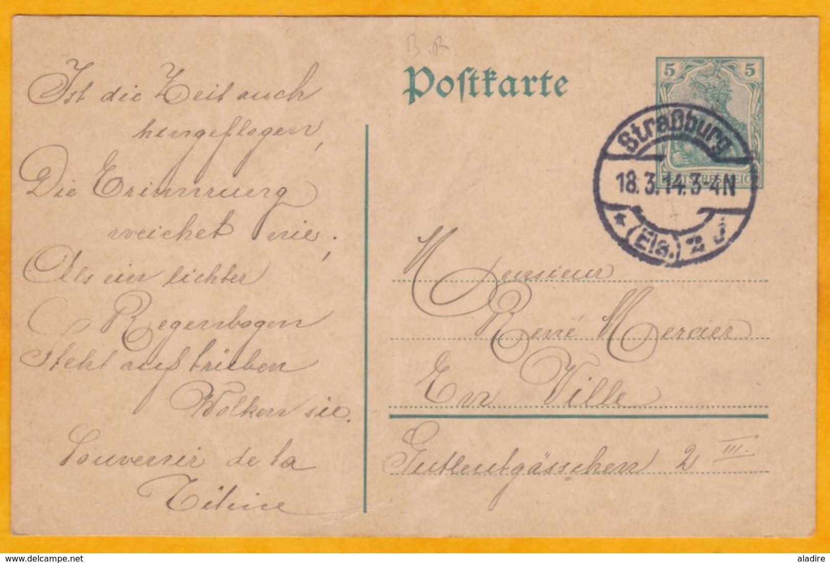 1914 - Entier Postal CP 5 Pf Vert De Strasbourg, France Occupée En Ville - Au Verso Dessins Et Vers - Lettres & Documents